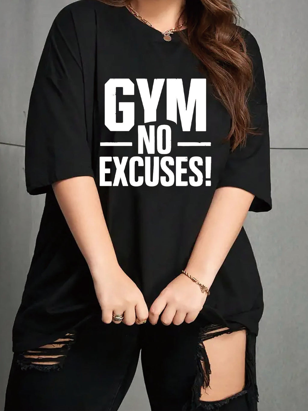 T-Shirt Femme Grande Taille “GYM NO EXCUSES!” – Oversize Stretch Noir, Motivation Sport & Casual | 0XL à 4XL - L’ÂME URBAINE LIFESTYLE