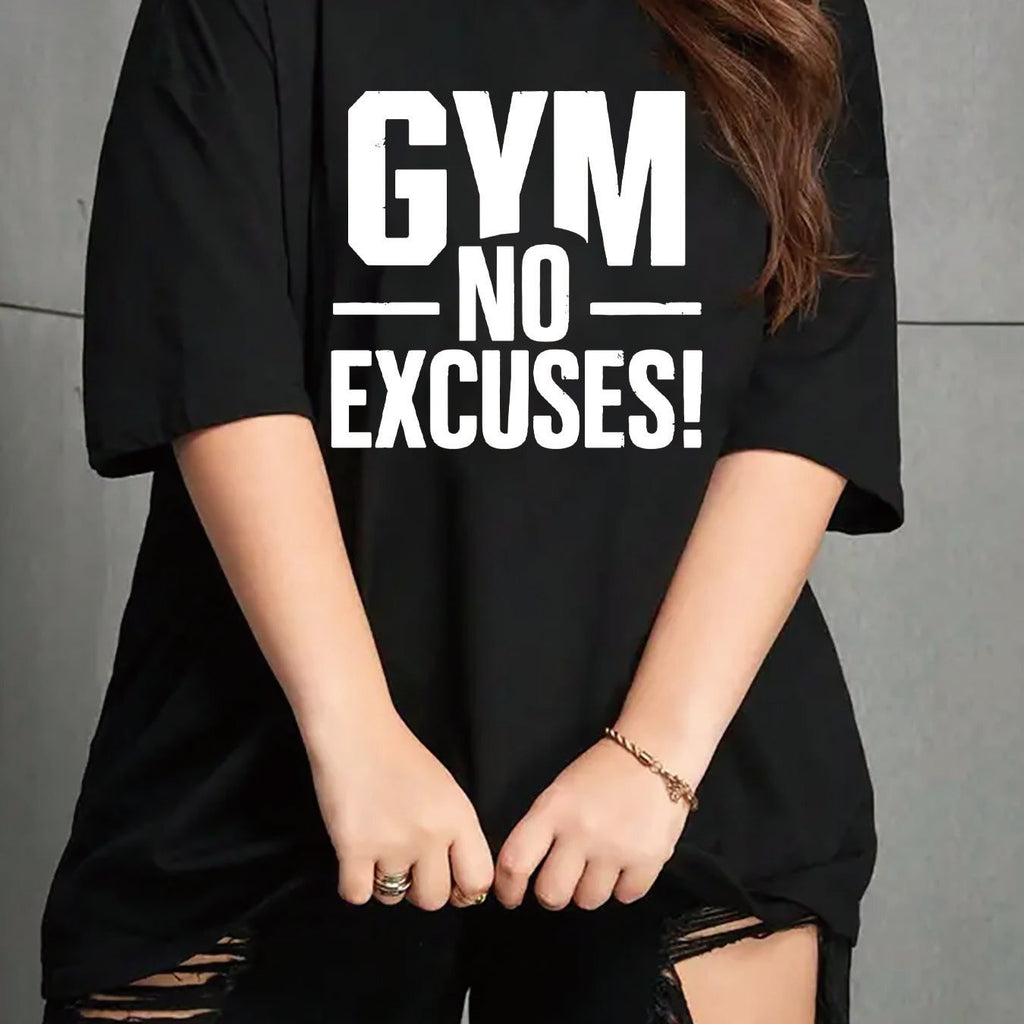 T-Shirt Femme Grande Taille “GYM NO EXCUSES!” – Oversize Stretch Noir, Motivation Sport & Casual | 0XL à 4XL - L’ÂME URBAINE LIFESTYLE